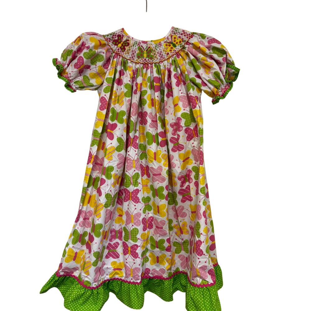 Candyland Smocked Butterfly Ruffle Dress Green Pink Size 6